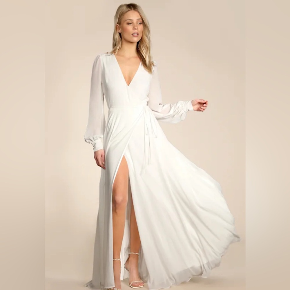 Lulu's Cream Pleated Wrap Gown with V-Neck